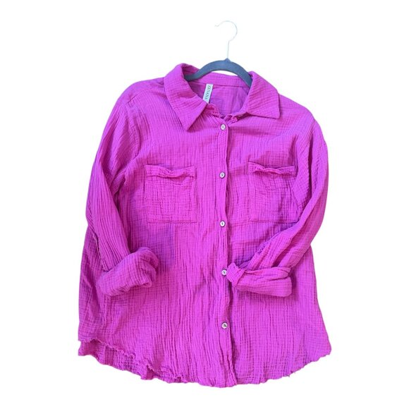 Double Gauze Button Down Roll-Up Long Sleeve Shirt “Fuchsia” - Picture 1 of 7